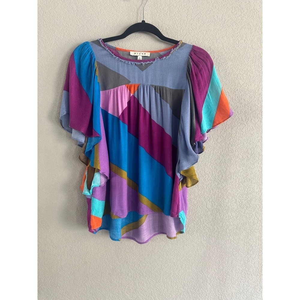 Hiche Colorblock Silk Rayon Flutter Sleeve Top XS Boho Festival Whimsical
